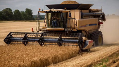 combine heavester in a corn field